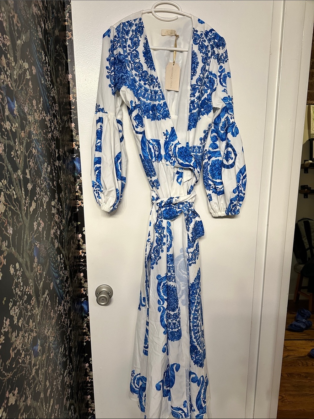 Vicky Tcherassi Blue & White Printed Wrap Maxi Dress by